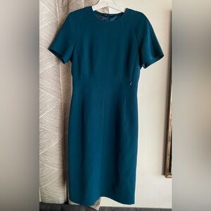 AKRIS Zip-Waist Short-Sleeve Wool Sheath Dress Green Blue Solid Sz 4